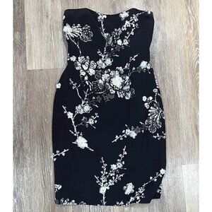 David Meister Sz 4 Black SILK Ivory Lace Floral Strapless Sheath Pencil Dress